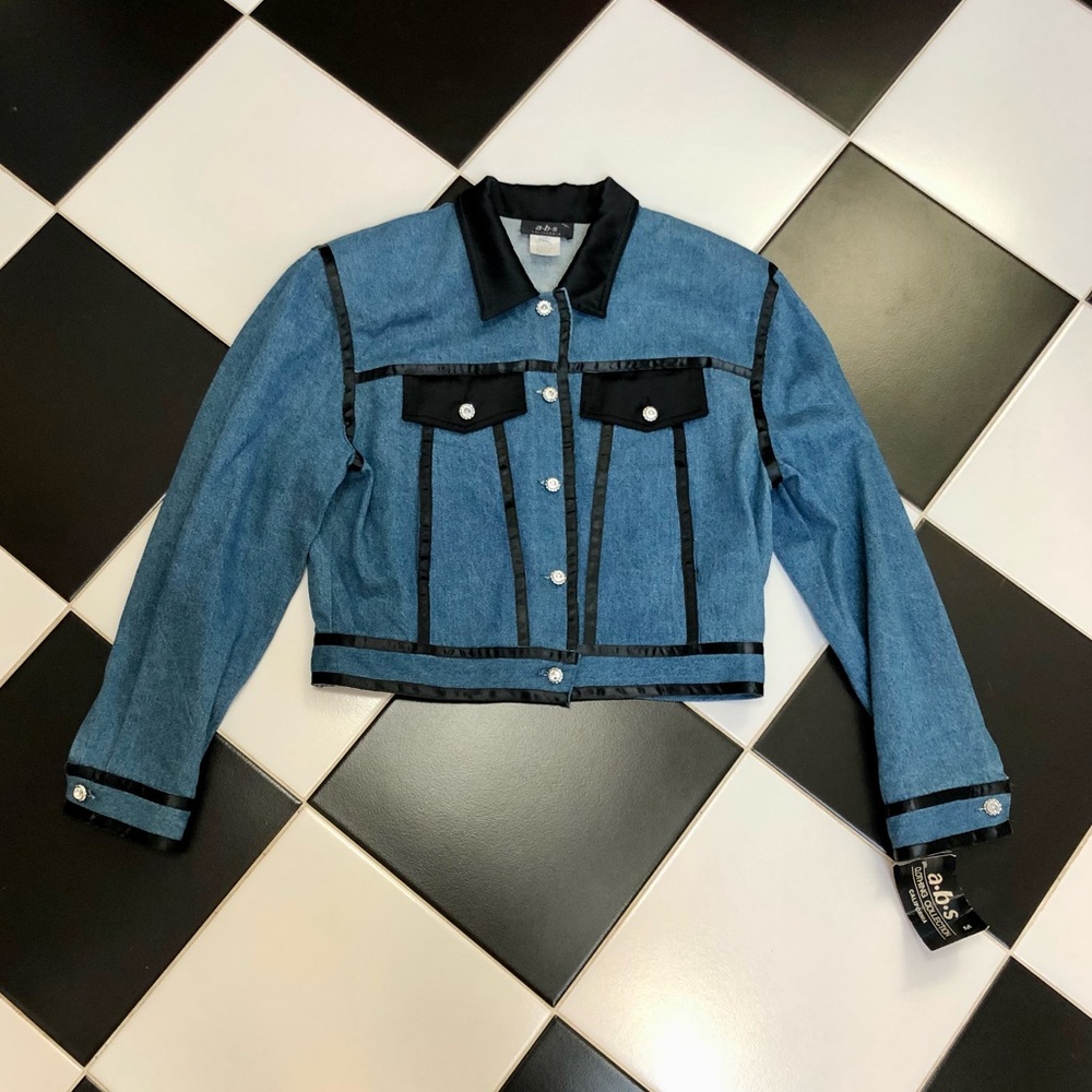 Deadstock NWT 90s Vintage ABS Allen Schwartz Denim Jean Jacket Rhinestone Jewels